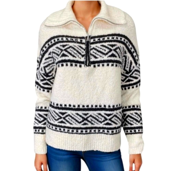 Joie Sweaters - Joie Chunky Knit Cream Black Quarter Zip Collared Pullover Sweater